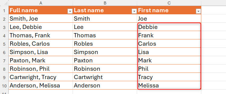 The remaininig first names in column C are completed using Excel's Flash Fill tool.