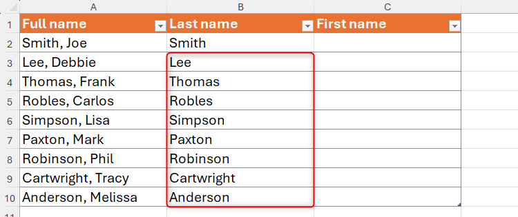 The remaininig last names in column B are completed using Excel's Flash Fill tool.