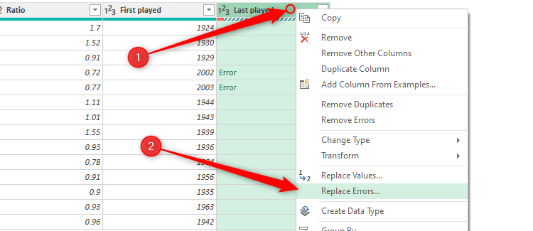 The right-click menu of a column in Excel's Power Query editor is expanded, and Replace Errors is selected.