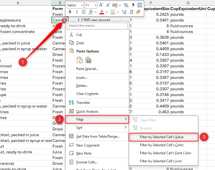 The right-click menu on a cell in Excel is activated, and Filter By Selected Cell's Value in the Filter menu is highlighted.