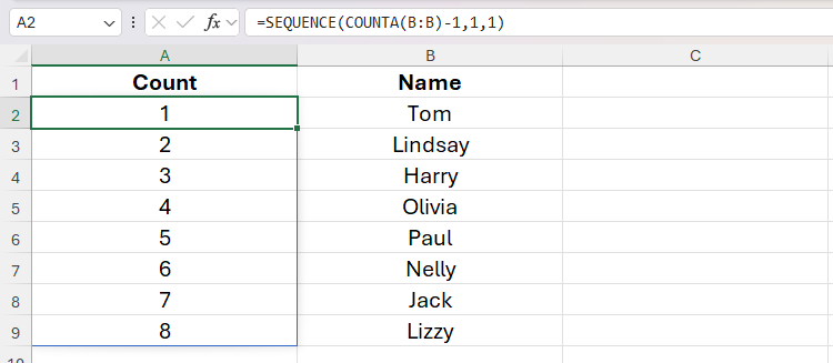 As funções de sequência e Counta que estão sendo usadas em um conjunto de dados não estruturado no Excel.