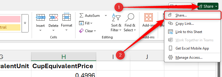 The Share buttons in Microsoft Excel are selected.