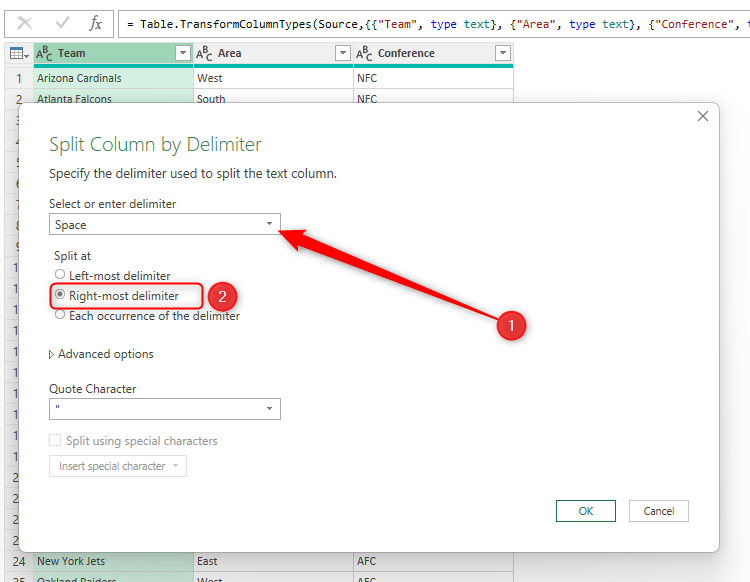 The Split Column By Delimiter dialog box in Excel's Power Query Editor, with Space selected as the delimiter, and Right-Most Delimiter selected as the position.
