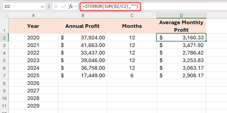 Finally, parentheses are used in the functions of Excel to Nest. In this example, the sum function is nested within the IFERROR function so that if the result returns an error, a blank cell is shown: