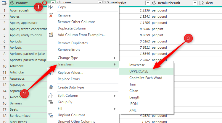 The text in a column in Excel's Power Query Editor is being transformed to uppercase.