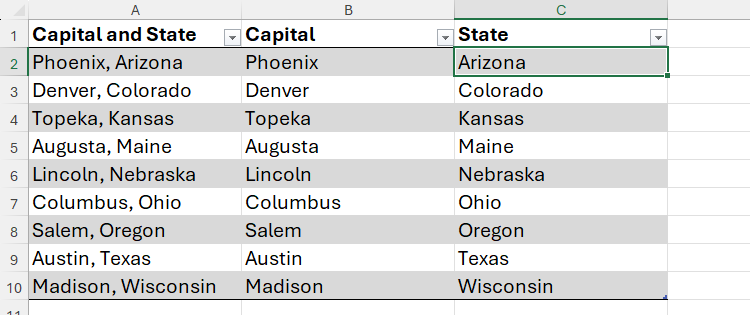 The TEXTAFTER function in Excel is used to extact states in column C.