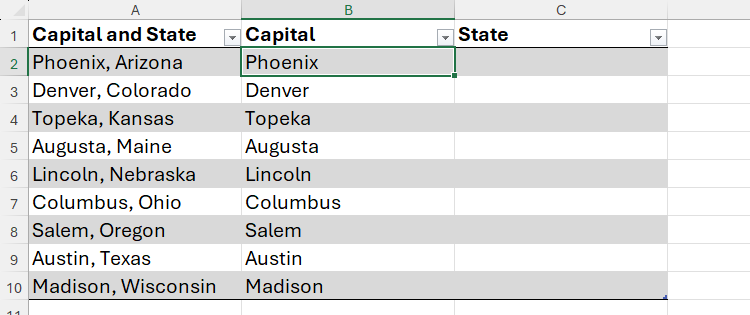 The TEXTBEFORE function in Excel is used to extact state capitals in column B.