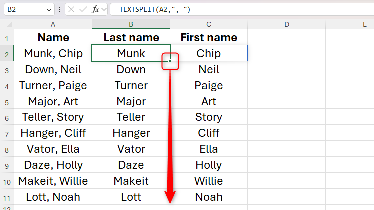 A função textsplit no Excel sendo usada para dividir os sobrenomes e nomes de prevó das pessoas em colunas adjacentes.