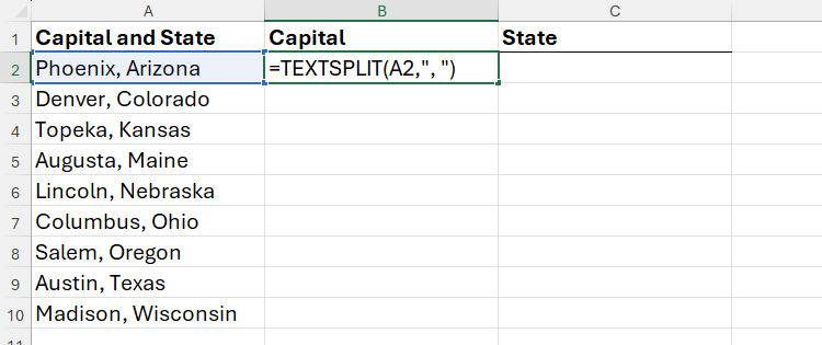 The TEXTSPLIT function in Microsoft Excel being used to split states and their capitals into separate columns.