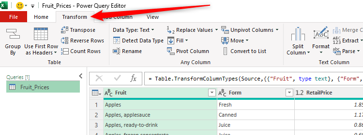 The Transform tab in Excel's Power Query Editor is selected.