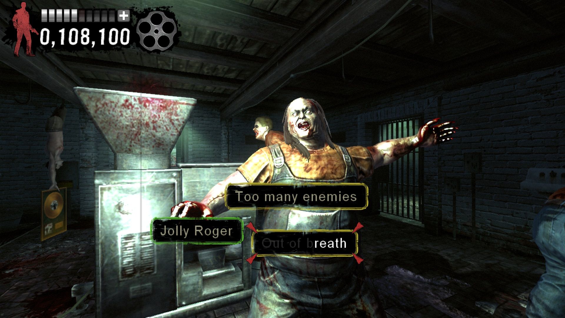 Prompts appear on the screen displaying words you must type to eliminate an approaching zombie in The Typing of The Dead: Overkill.