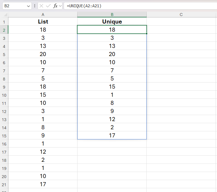A função única na célula B2 no Excel sendo usada para extrair valores únicos das células A2 a A21.