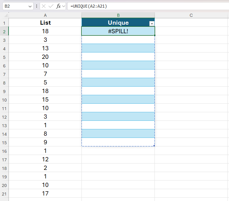 A função exclusiva retornando o erro de derramamento em uma tabela do Microsoft Excel.