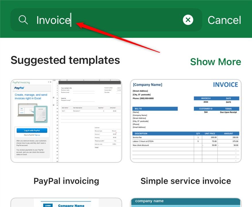 The word Invoice is typed into the Excel iOS search bar to search for invoice templates.