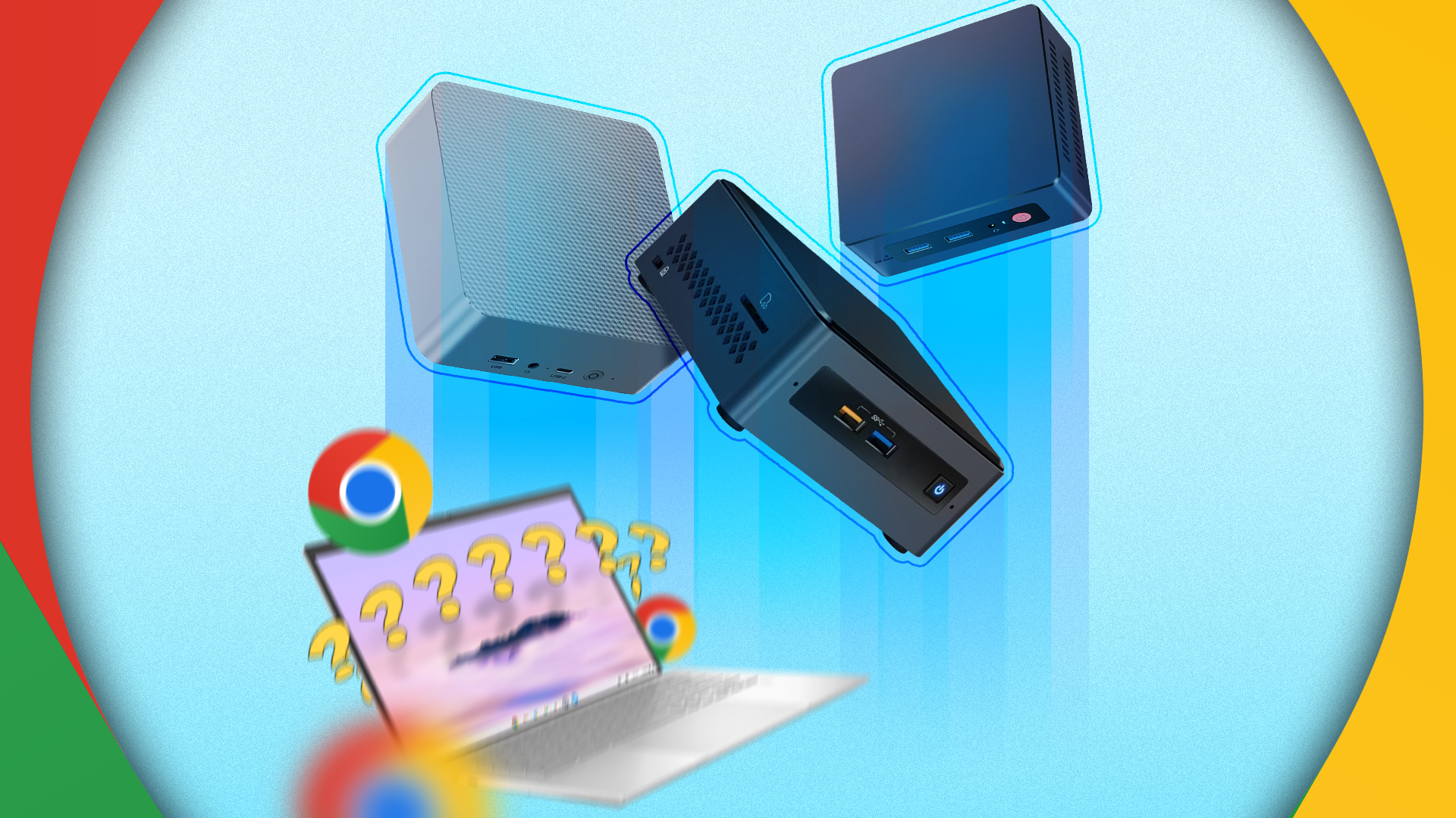 Three mini PCs launching upward at the center, while a confused Chromebook below is surrounded by question marks and Chrome logos.