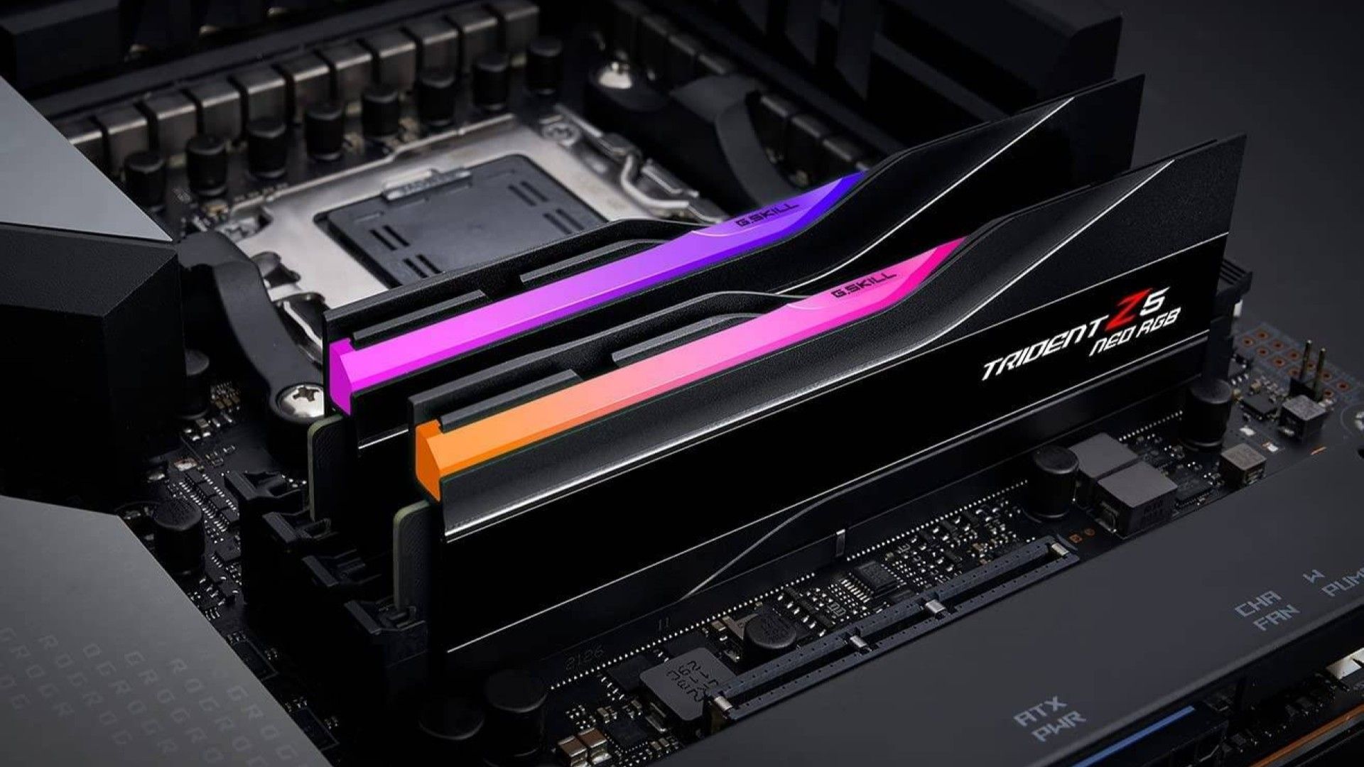 Two Trident Z Neo RGB Ram modules slotted into DIMM slots.
