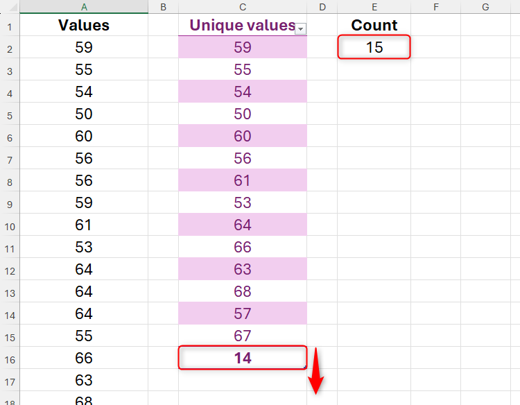 Duas contagens no Excel não correspondem, e uma seta indica que a tabela deve ser expandida para corrigir isso.
