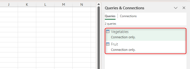 Two tables are listed in Excel's Queries And Connections pane.