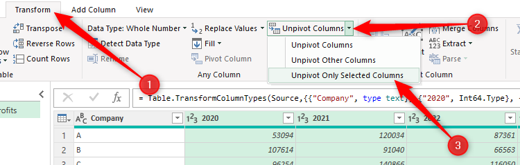 Unpivot Only Selected Columns is selected in Excel's Power Query Editor.