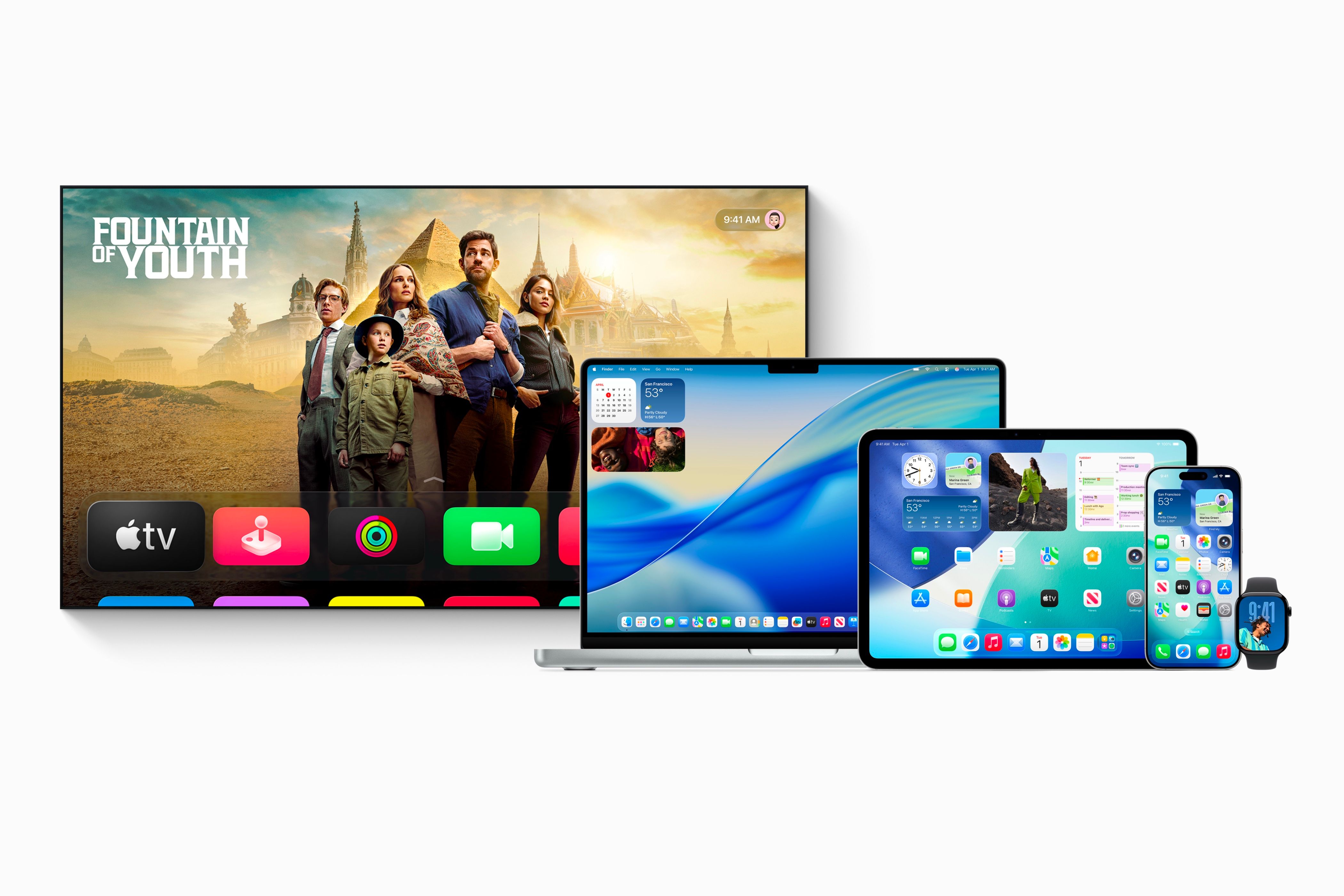 OS 26 being shown on the iPhone, iPad, Apple Watch, Mac, and Apple TV.