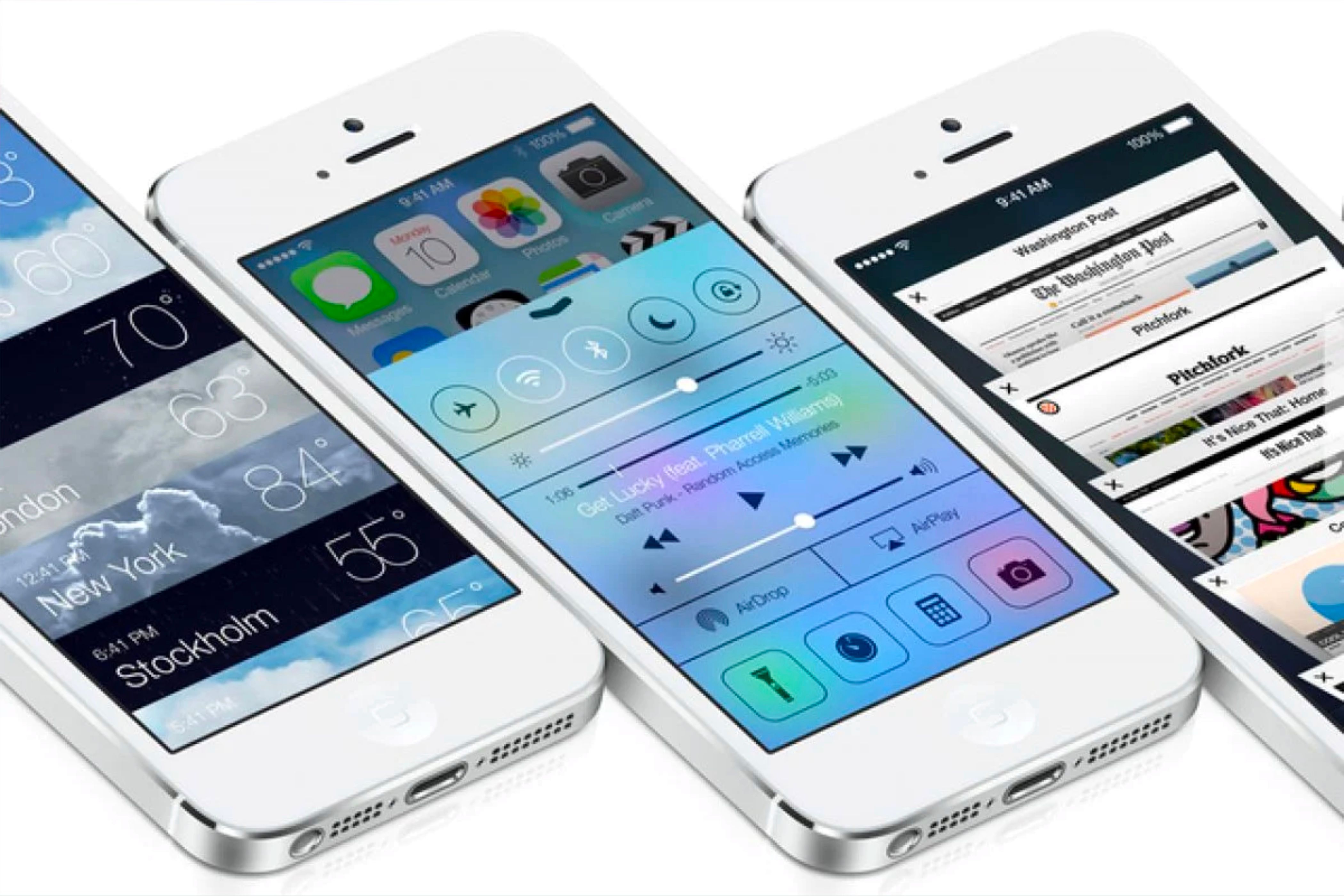 The weather and safari app, plus Control Center, are being shown on an iPhone running iOS 7.