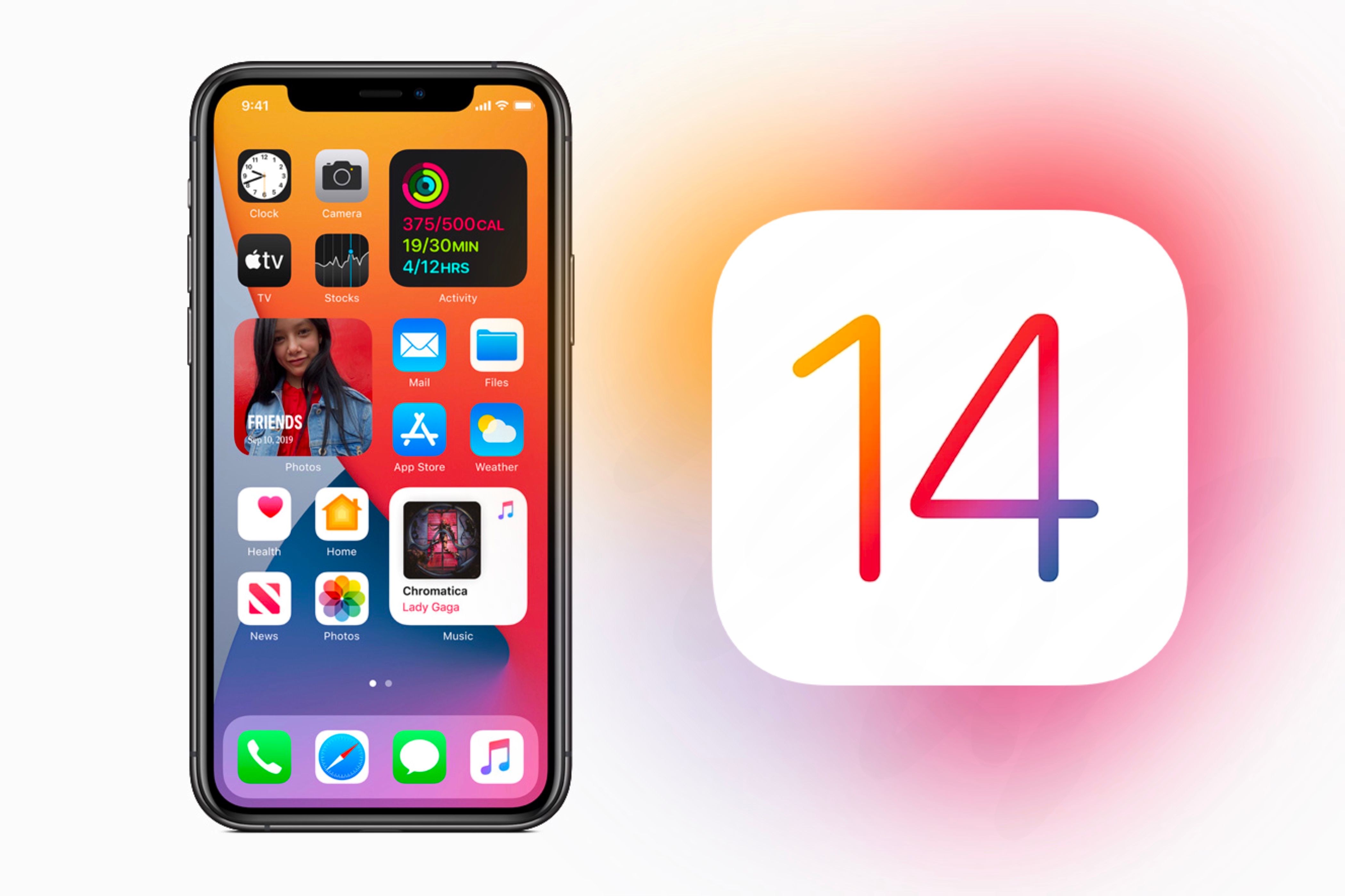 iOS 14 icon next to an iPhone running the same operating system.
