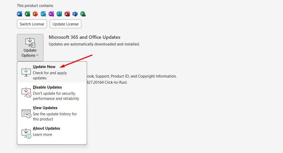 Update Now option in Office Account window.