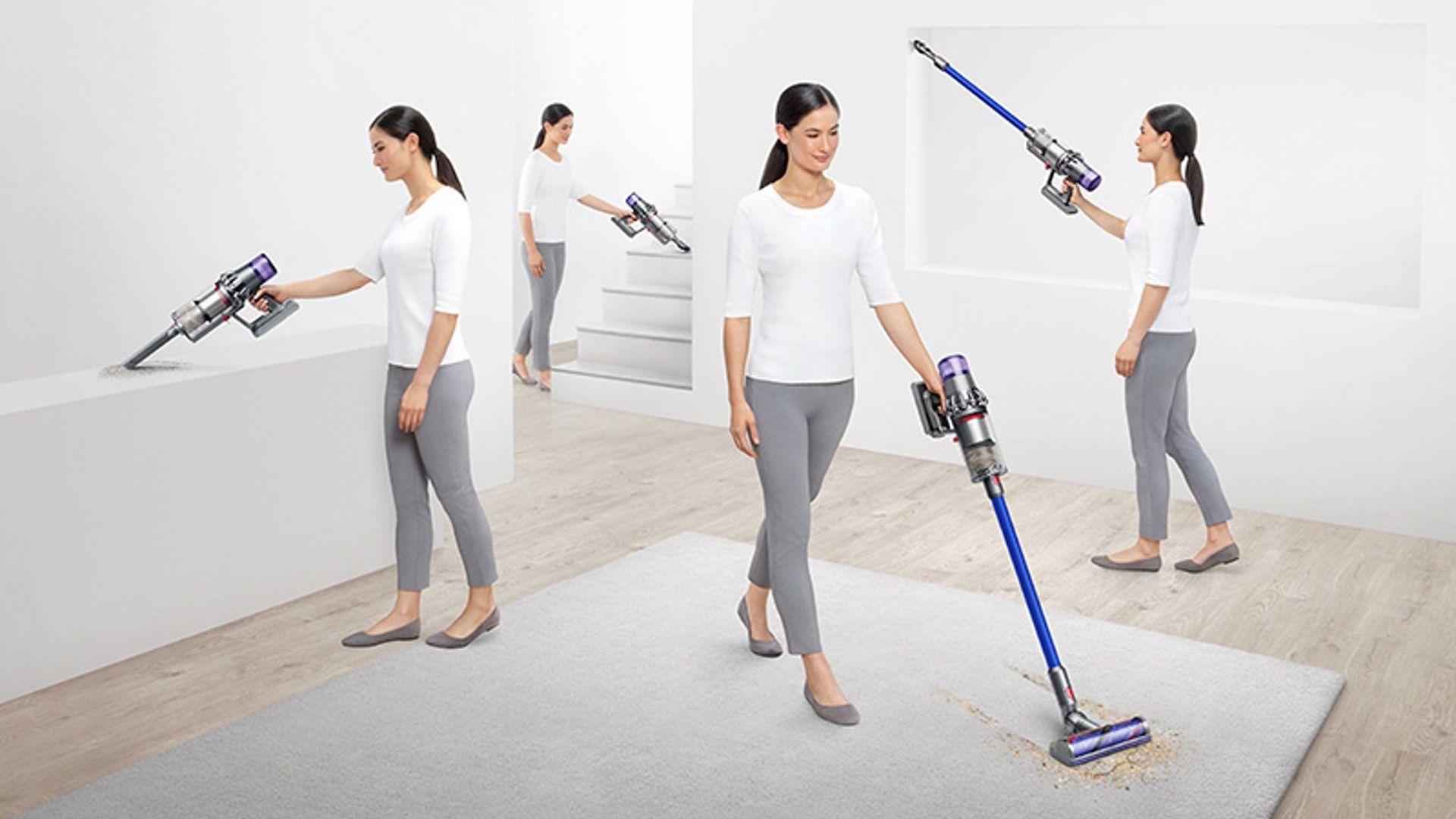 Женщина пользуется беспроводным пылесосом Dyson в разных режимах по дому.