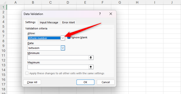 Whole Number is selected in the Allow field of Excel's Data Validation dialog  box.