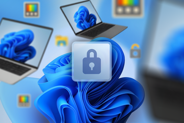 Windows 11 wallpaper with some laptops around and a padlock icon in the center.