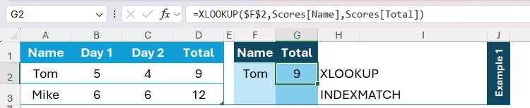 XLOOKUP being used in Excel to return a score of 9.
