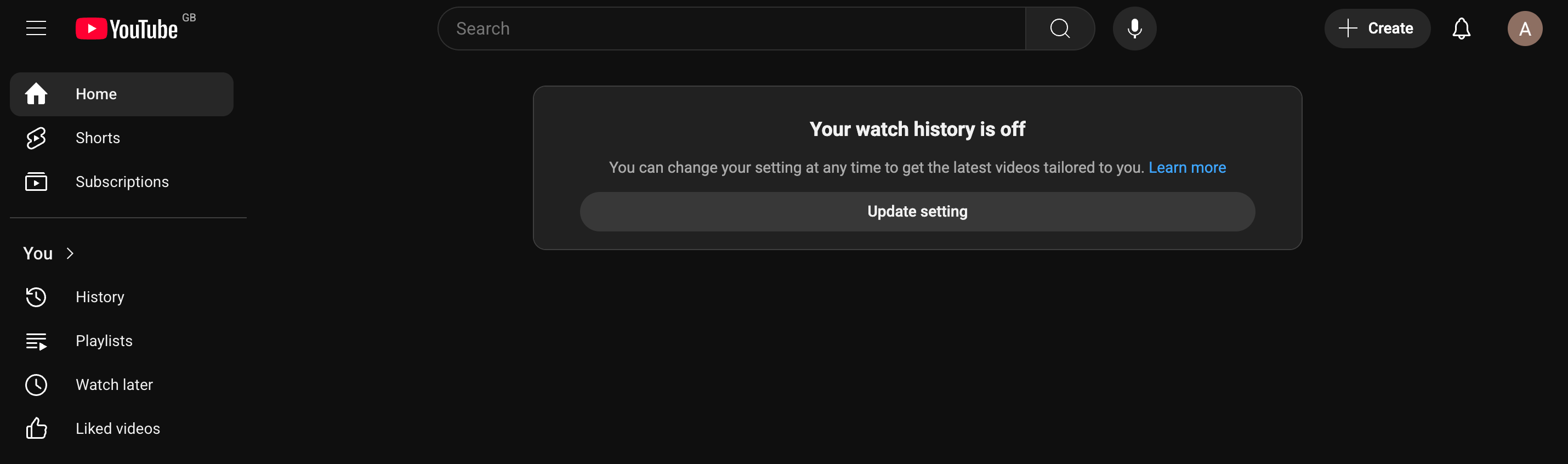YouTube Watch History turned off.