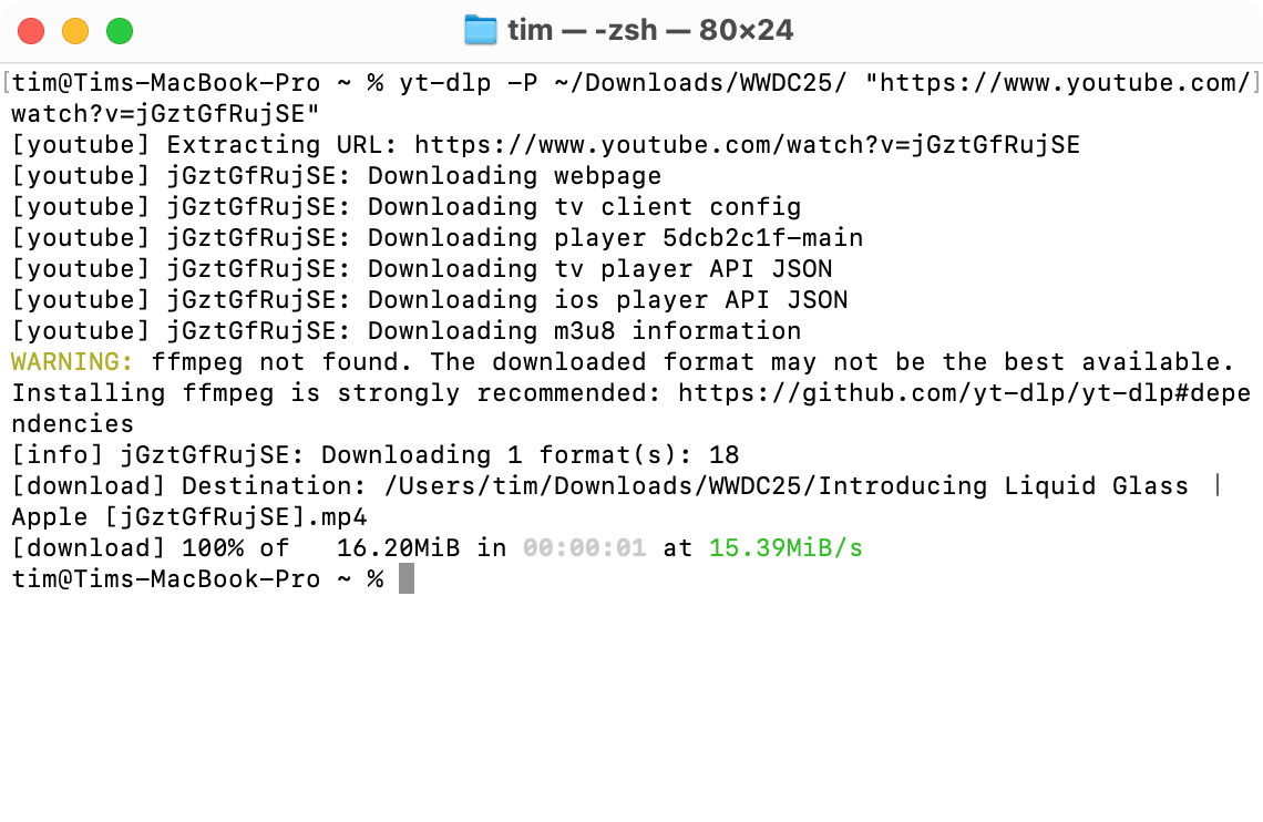yt-dlp downloading an Apple video.
