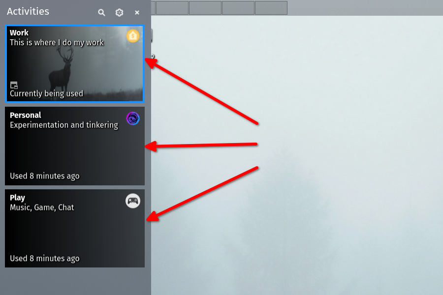 KDE Activities Switcher showing three different Activities.