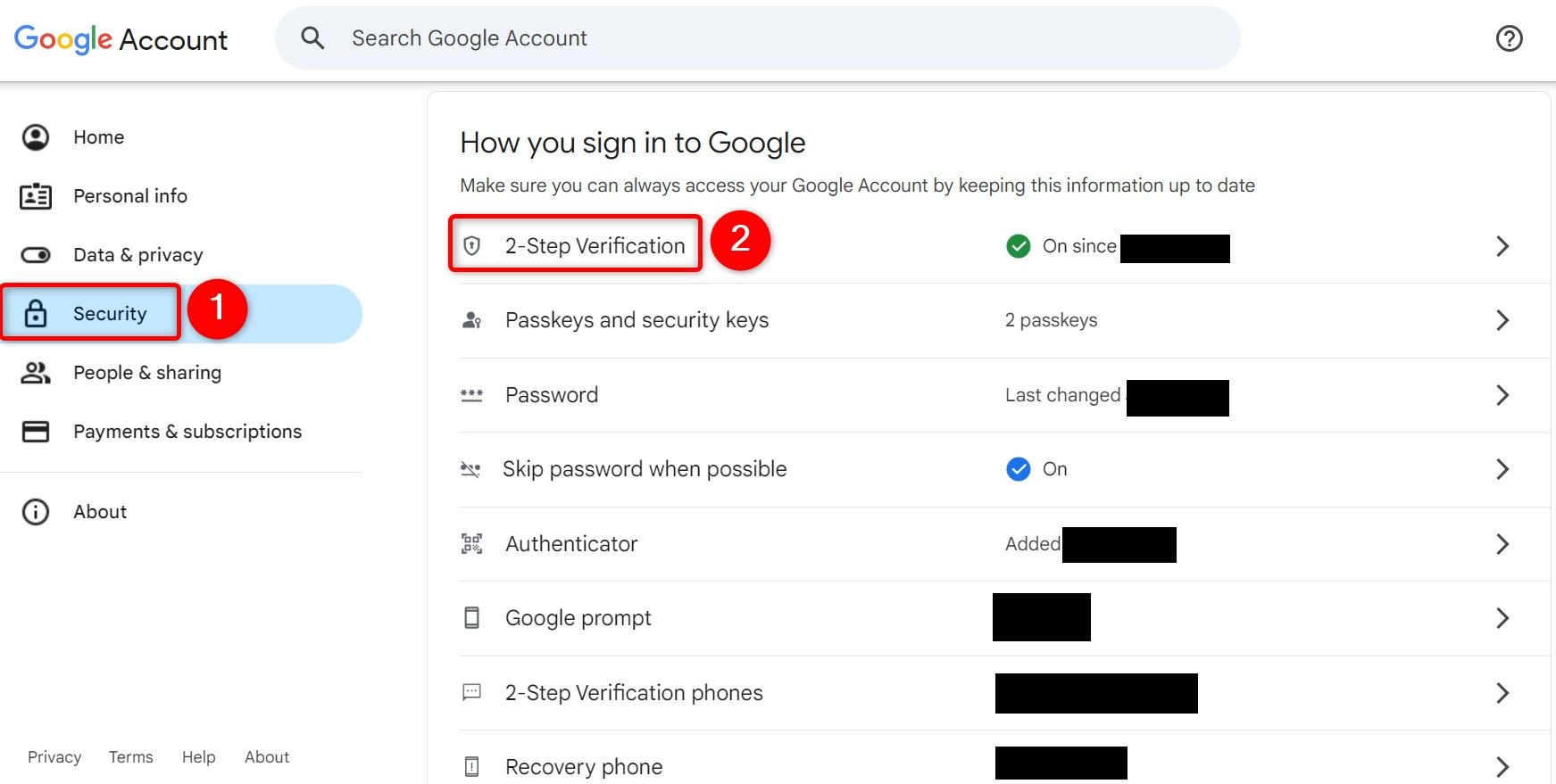 "Security" And "2 -step verification" highlighted on Google my account.