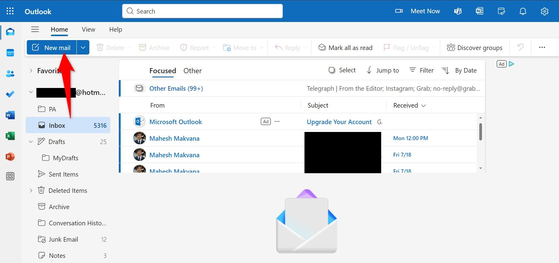 "New Mail" highlighted in Outlook Web.