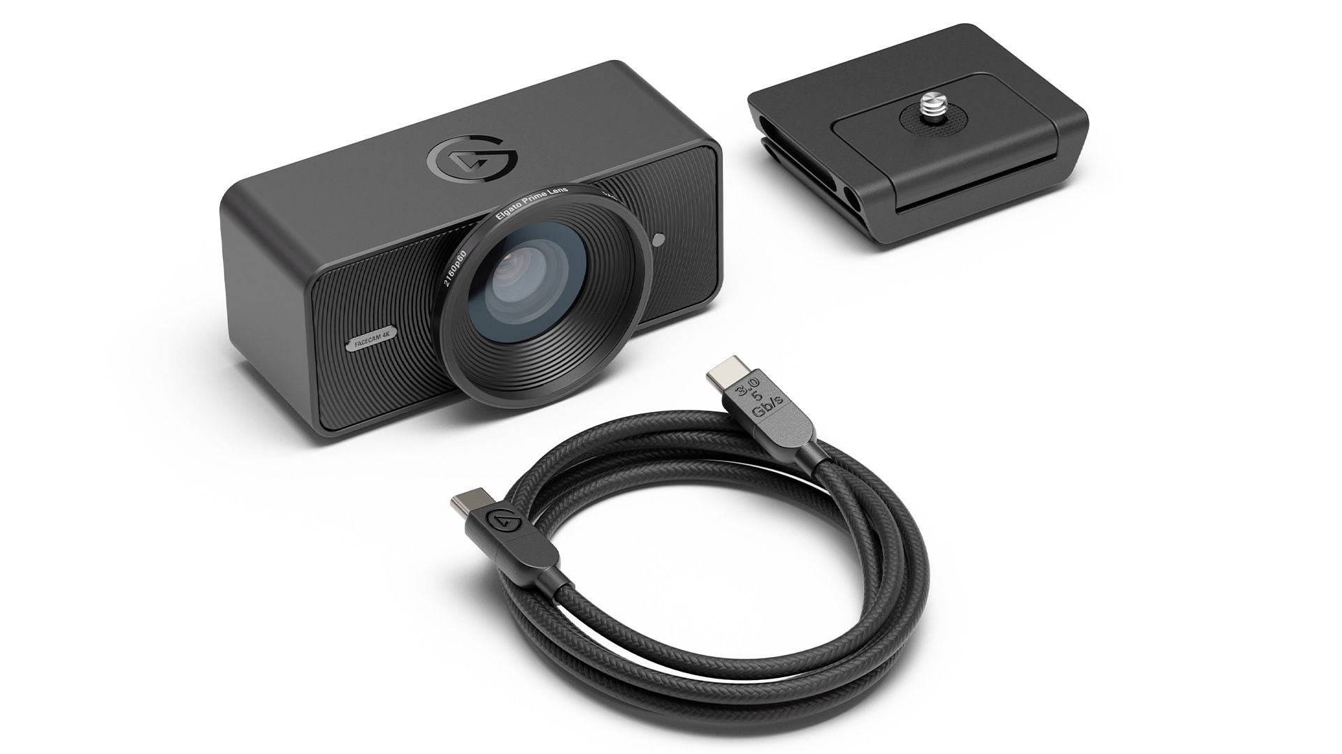 The Elgato Facecam 4K with a USB-C cable and a monitor support.