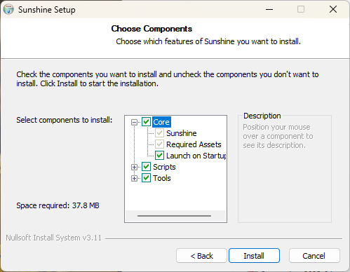 Choosing Sunshine game streaming components to install.