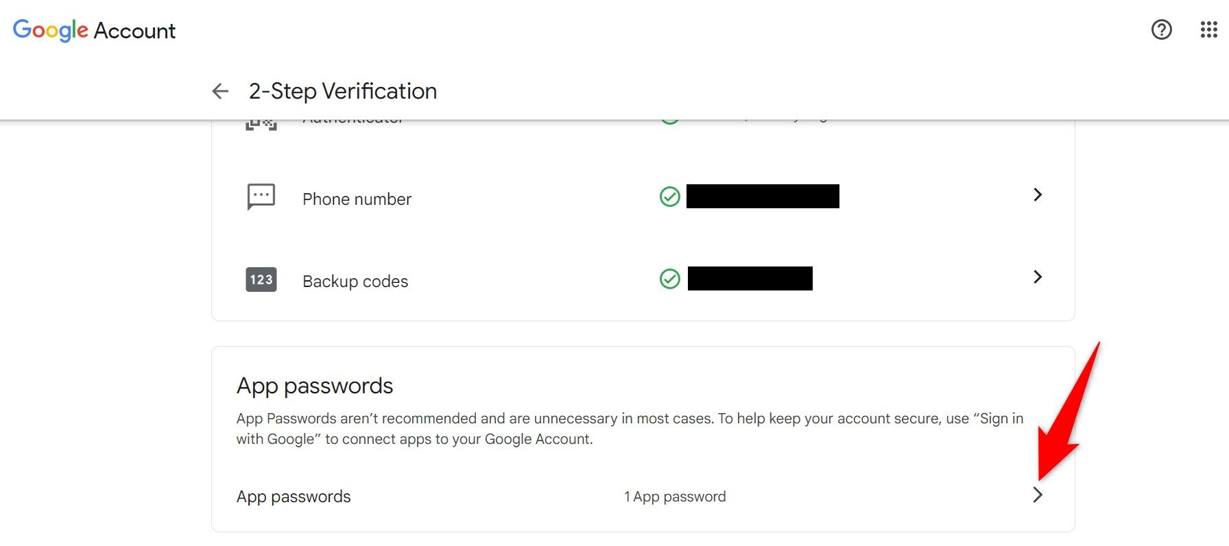 The right arrow icon highlighted next to "Application passwords."