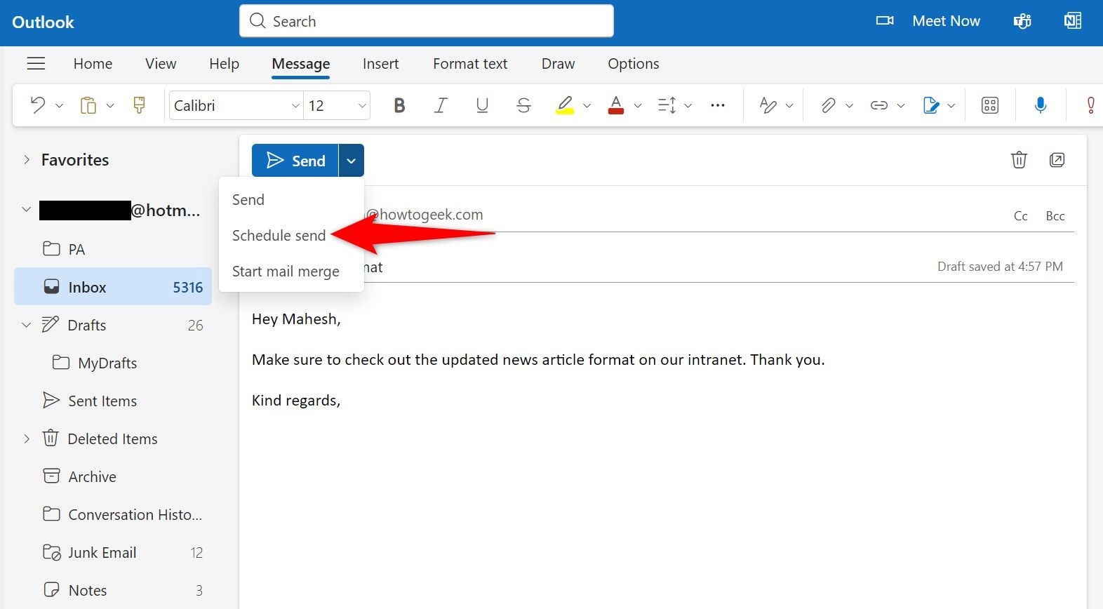 "Schedule Send" highlighted in Outlook Web.
