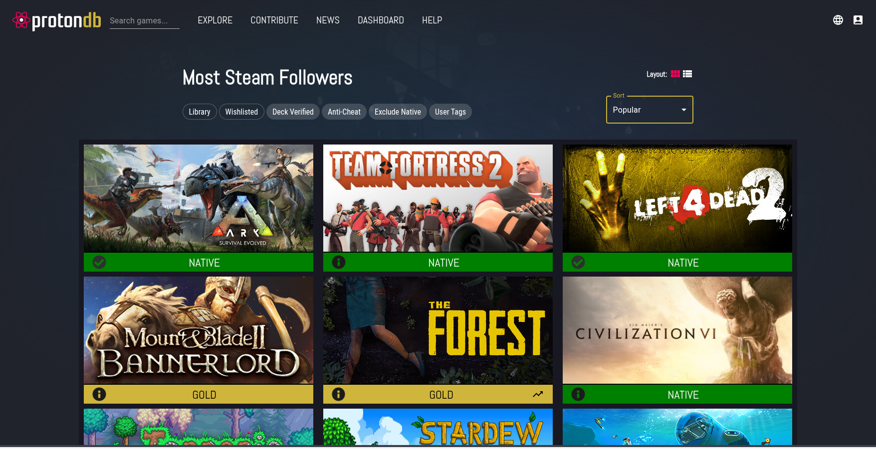 ProtonDB Explore page showing which games work and their compatibility ratings.