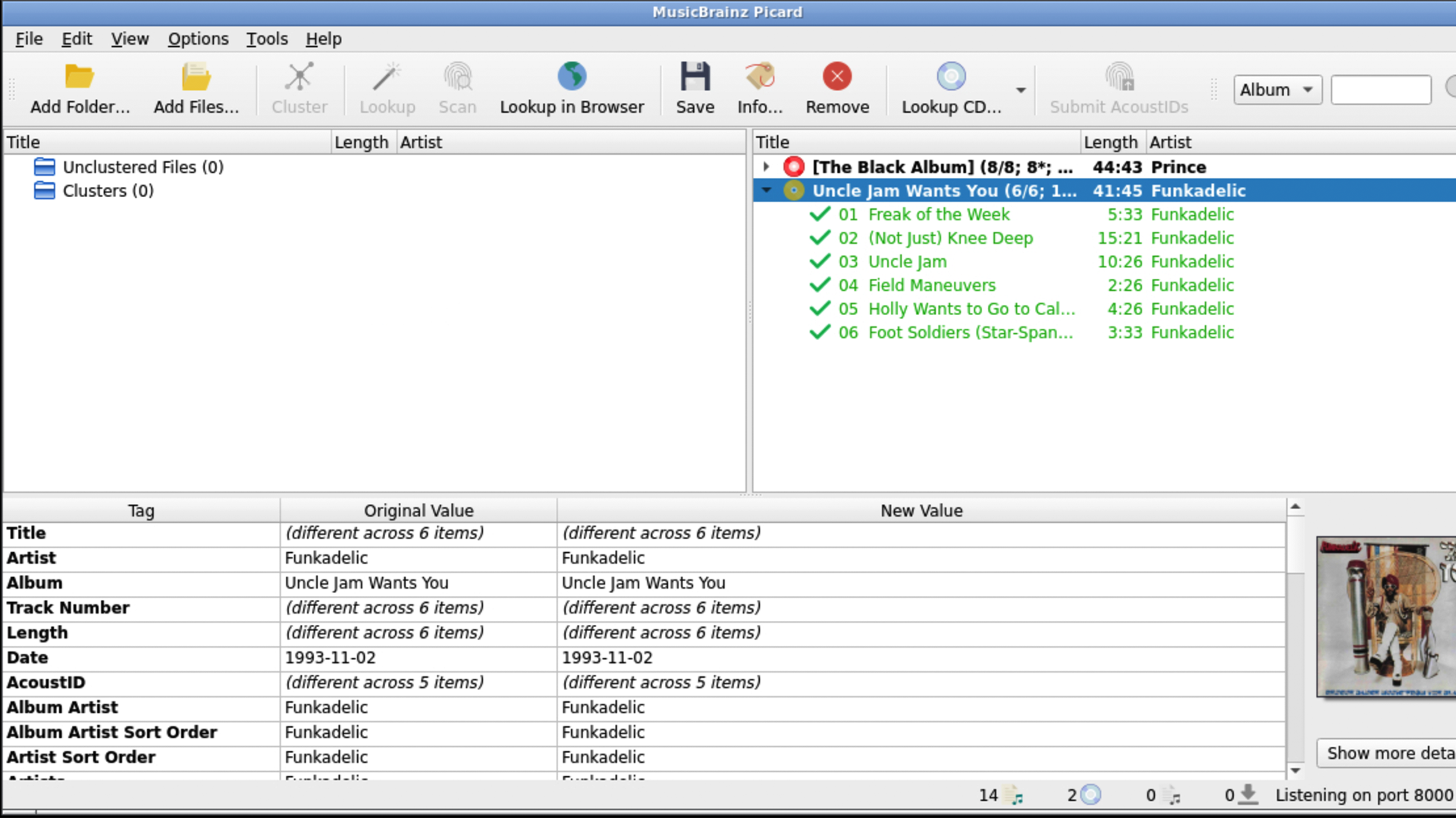 Screenshot of MusicBrainz Picard identifying two albums.