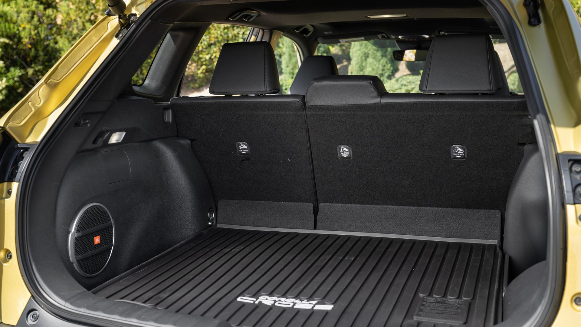 Close-up shot inside the trunk of 2024 Toyota Corolla Cross Hybrid XSE.