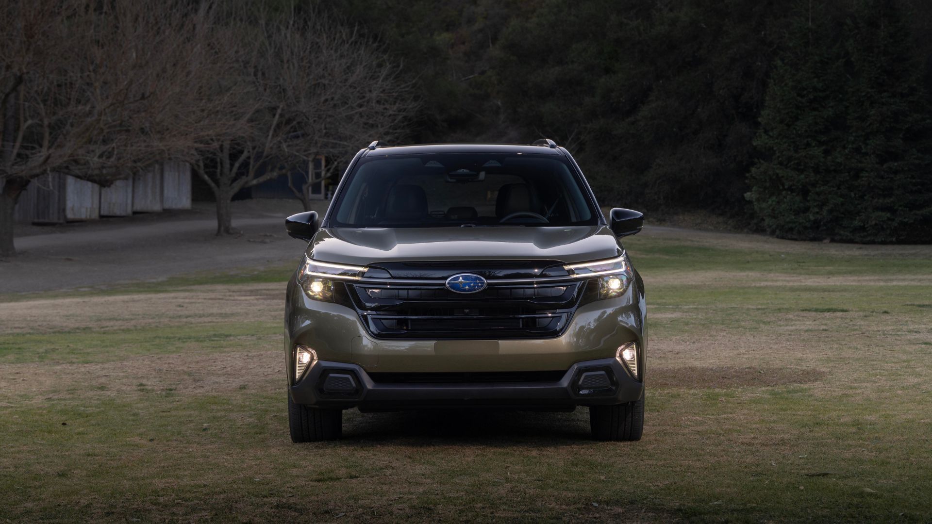 Static front-end shot of a green 2025 Subaru Forester Hybrid.