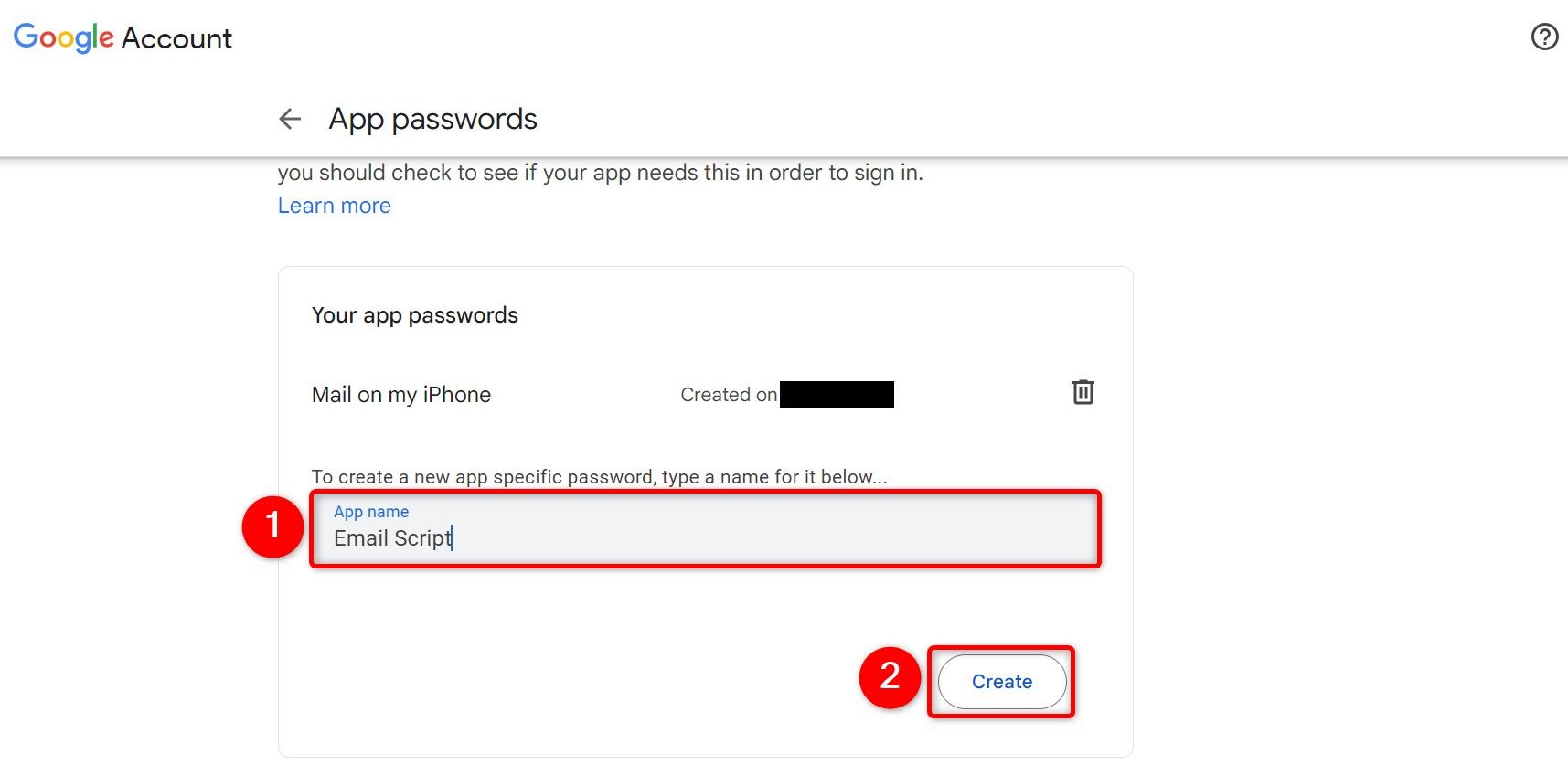 "Application name" And "Create" highlighted on the "Application passwords" page.