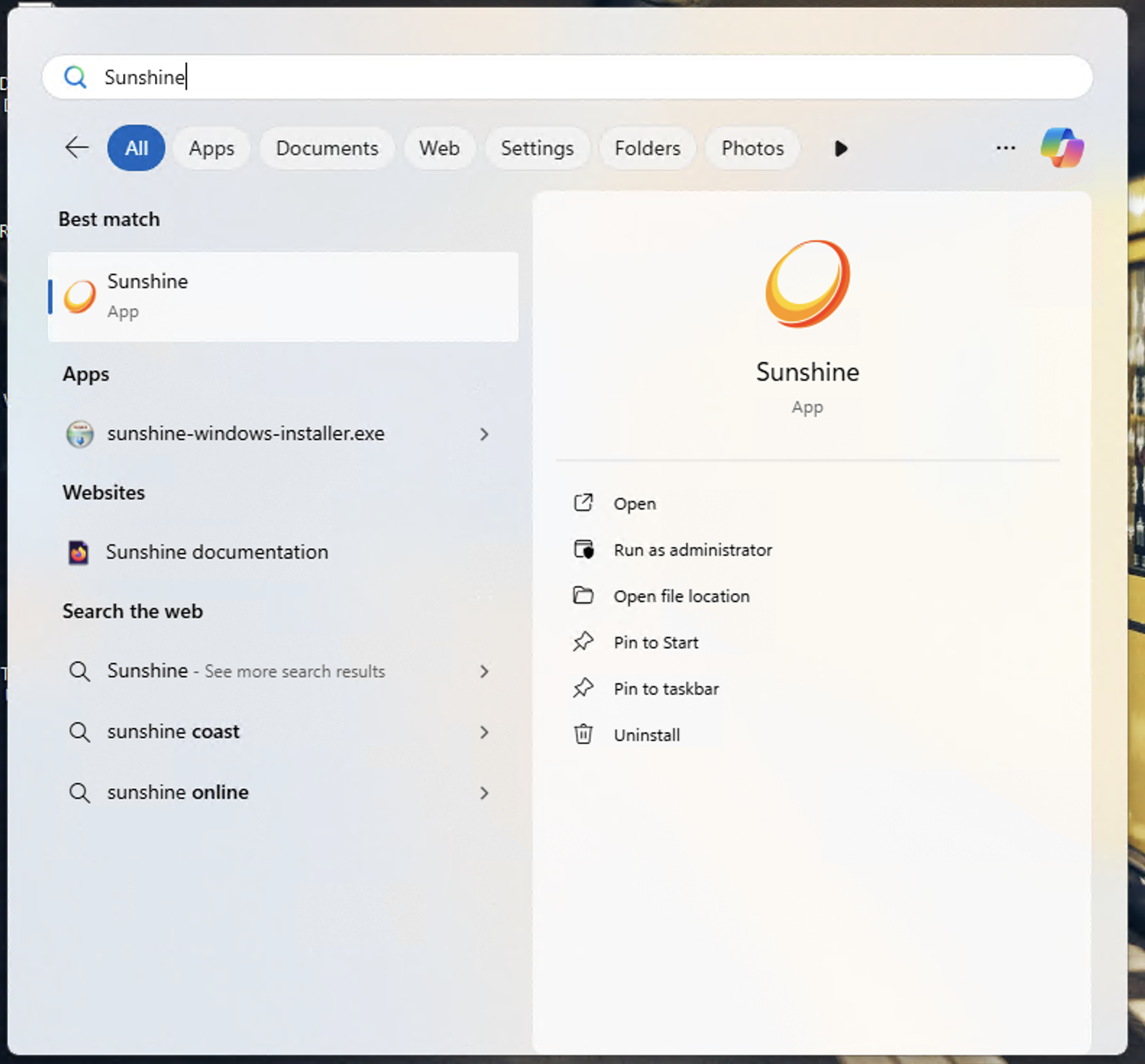 Opening the Sunshine game streaming server from the Start menu.