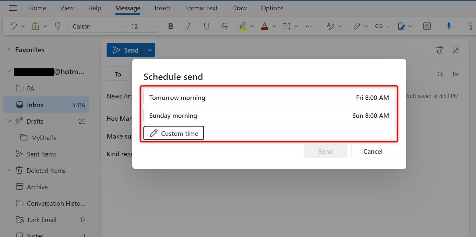 Schedule Send options highlighted in Outlook Web.