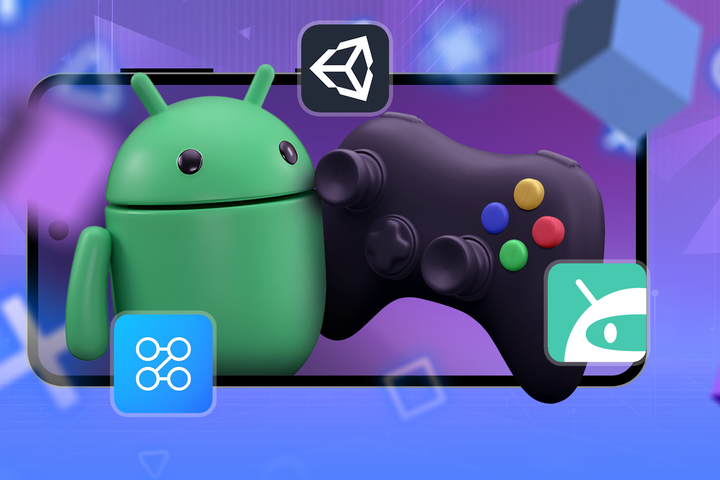 3D illustration of the Android mascot next to a game controller inside a smartphone frame.