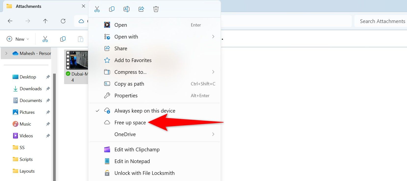 "Free Up Space" highlighted for a file in OneDrive.