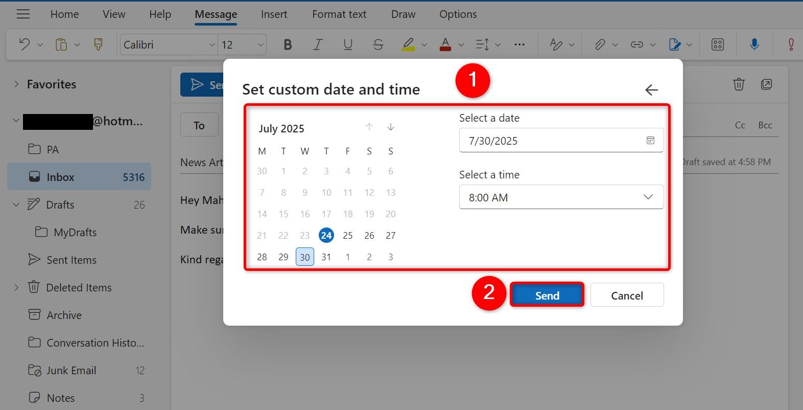 Schedule Send date and time options highlighted in Outlook Web.